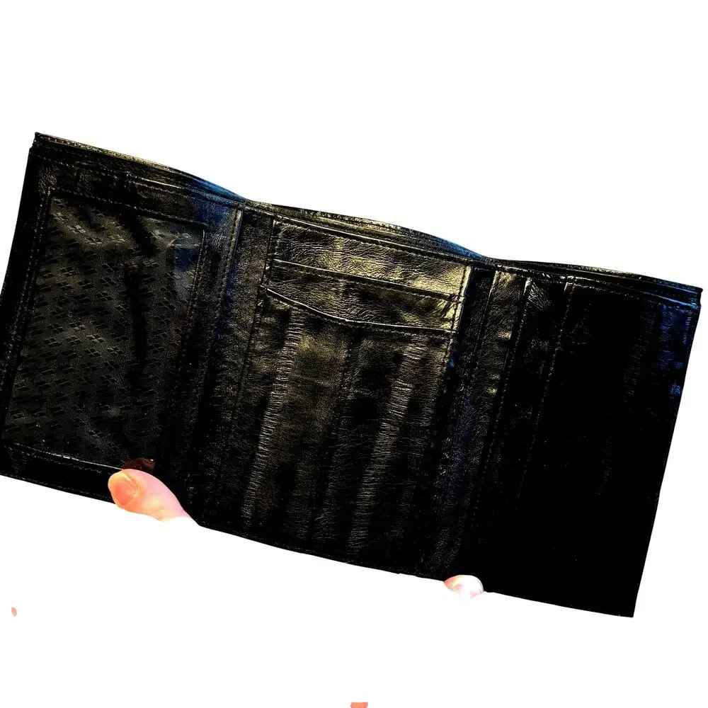 Vintage black eel skin buttery soft leather wallet billfold trifold style 80s